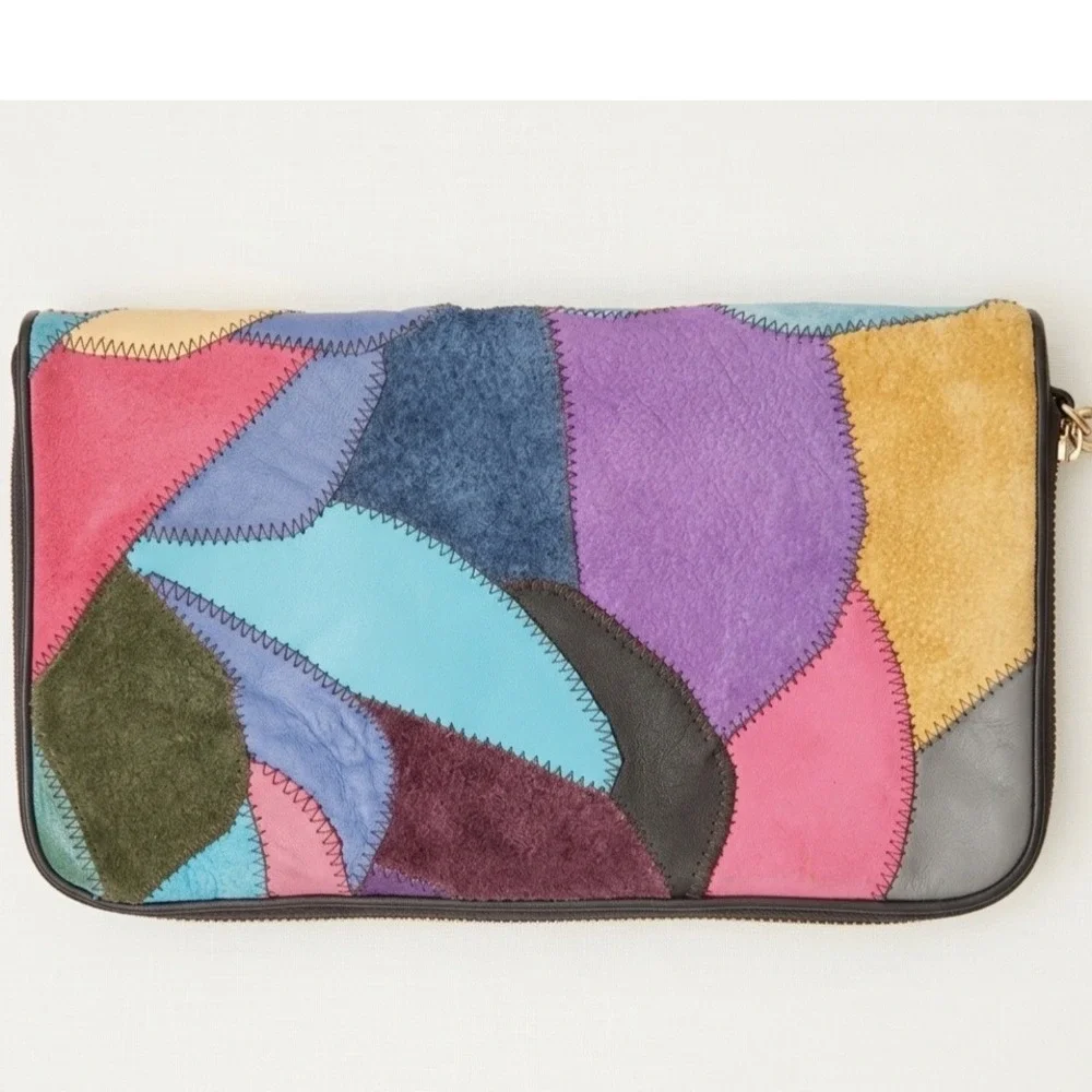 Vtg Style Multicolor Patchwork Leather Suede Crossbody Shoulder Bag Zipper‎ Reto